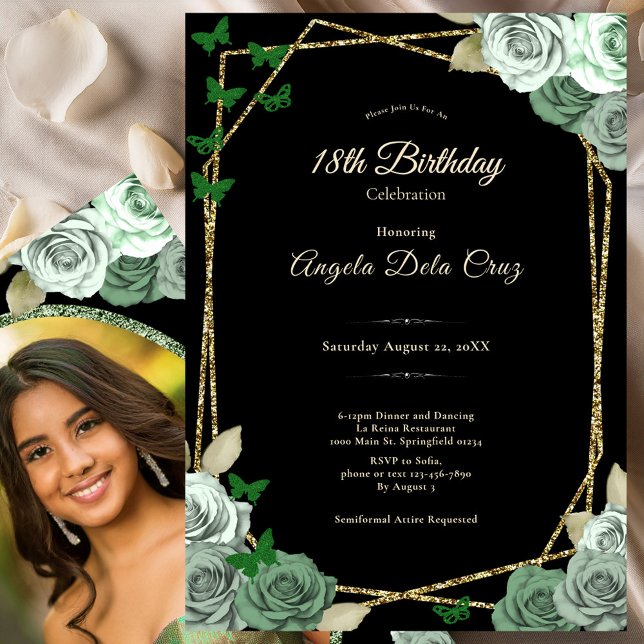 Convite Elegant Black Sage Green Rose 18th Birthday Debut  (Criador carregado)