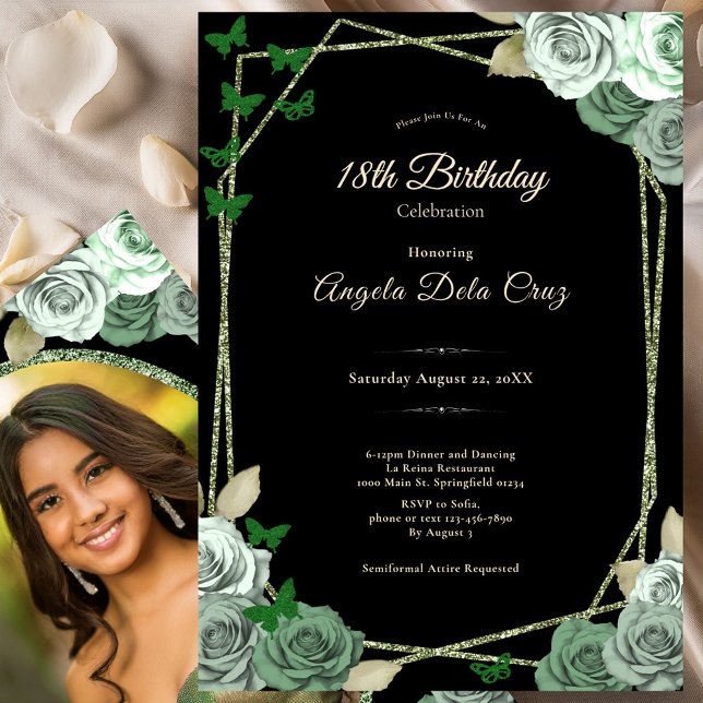Convite Elegant Black Sage Green Rose 18th Birthday Debut  (Criador carregado)