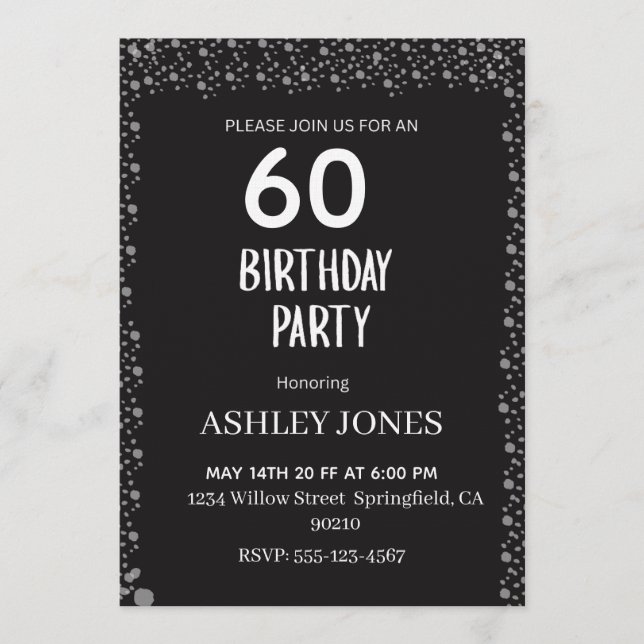 Convite Elegant Black Script Silver Birthday Invitation (Frente)