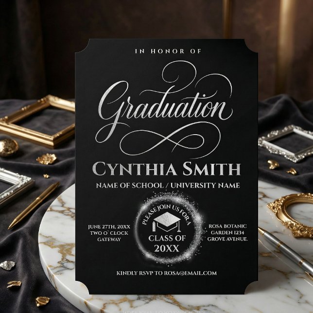 Convite Elegant Black & silver Graduation  (#graduationcalligraphy #roundsilver #silvergraduation #blackandwhite #luxurygraduationinvitation)