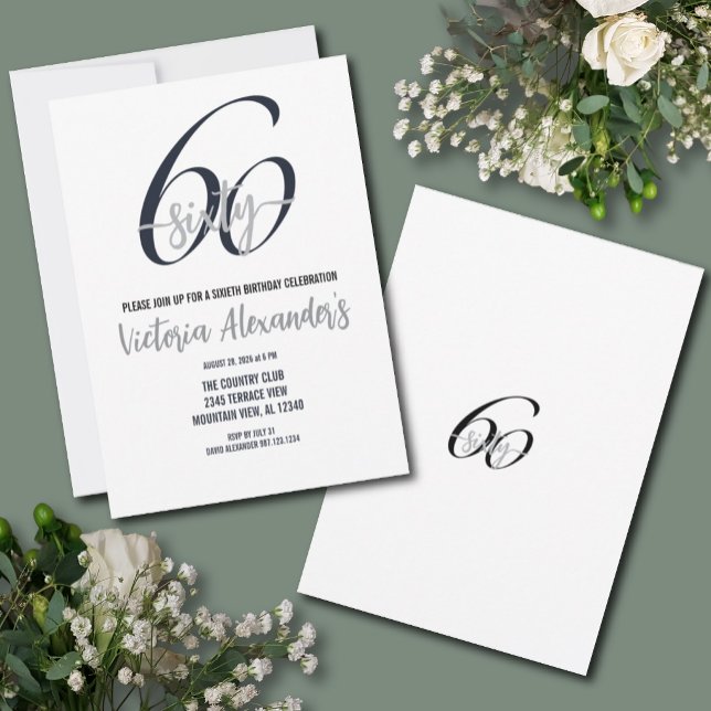 Convite Elegant Black Silver Script 60th Birthday  (Elegant Black Silver 60th Birthday Invitation)