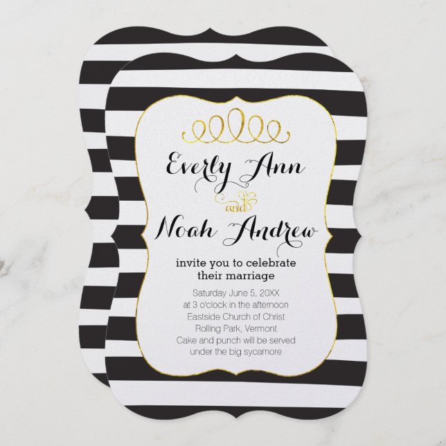 Convite Elegant Black Stripe Faux Gold Elements Wedding (Frente/Verso)