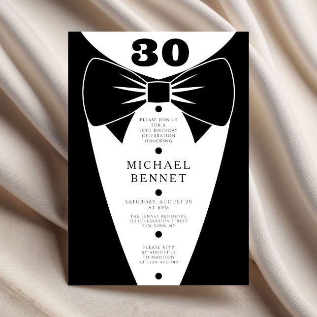 Convite Elegant Black Tuxedo 30th Birthday (Elegant Black Tuxedo 30th Birthday.)