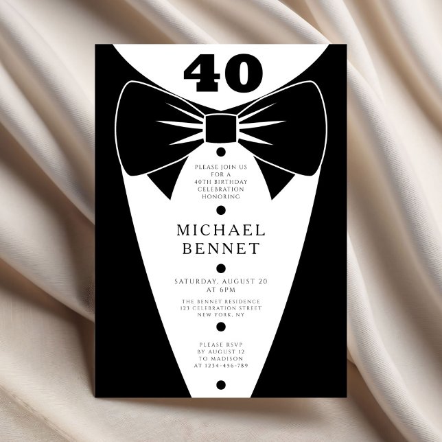 Convite Elegant Black Tuxedo 40th Birthday (Elegant Black Tuxedo 40th Birthday Invitation.
)