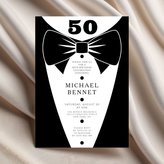 Convite Elegant Black Tuxedo 50th Birthday (Elegant Black Tuxedo 50th Birthday Invitation)