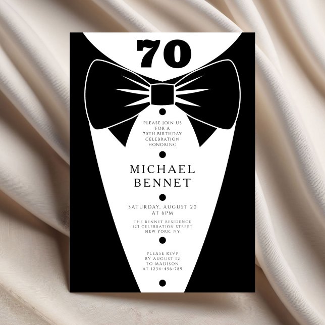 Convite Elegant Black Tuxedo 70th Birthday (Elegant Black Tuxedo 70th Birthday Invitation
)