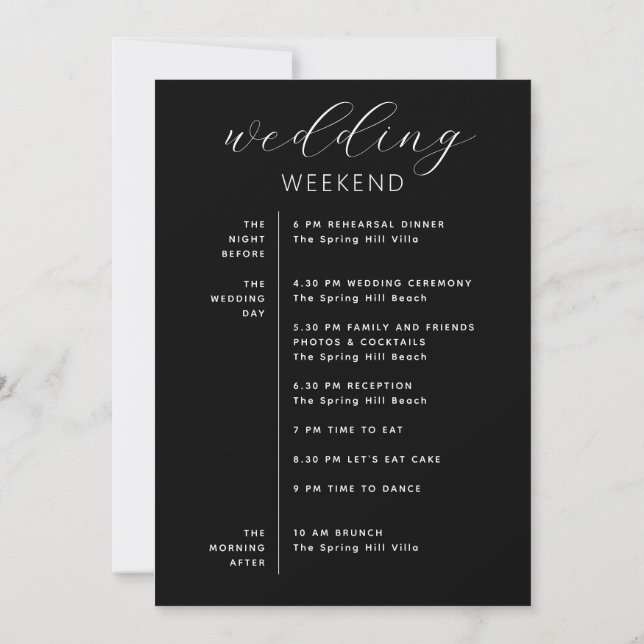 Convite Elegant Black Wedding Weekend Timeline & Welcome (Verso)