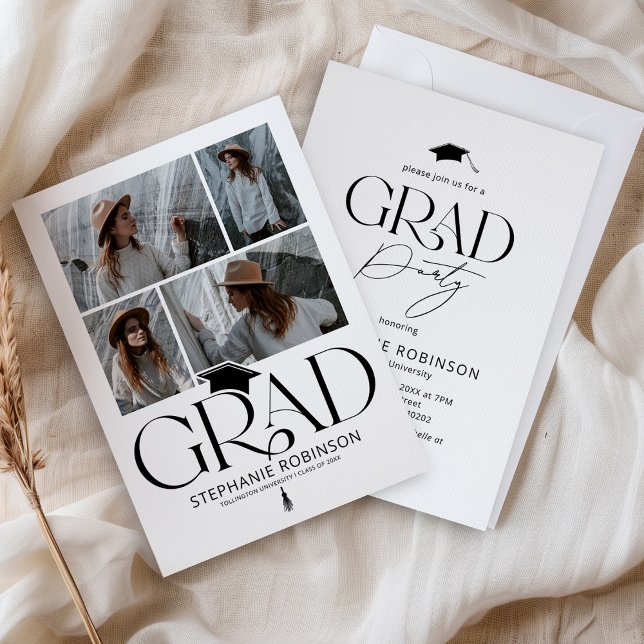 Convite Elegant Black & White 4 Photo Graduation Party (Criador carregado)