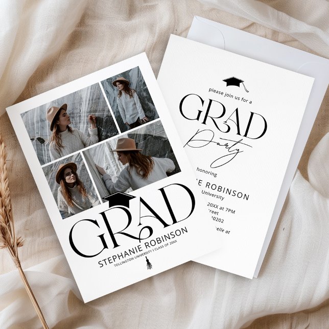 Convite Elegant Black & White 4 Photo Graduation Party (Criador carregado)