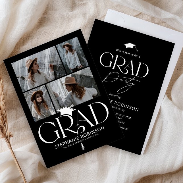 Convite Elegant Black & White 4 Photo Graduation Party (Criador carregado)