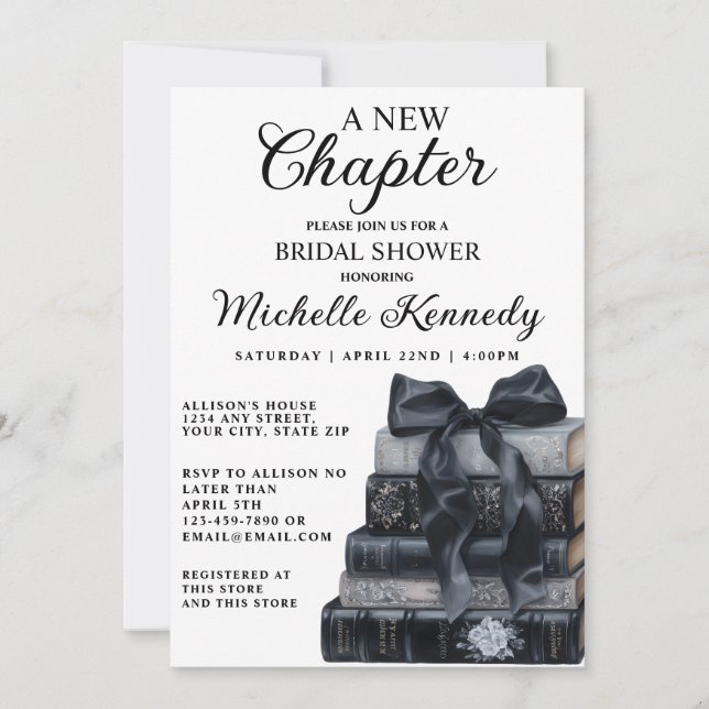 Convite Elegant Black & White A New Chapter Bridal Shower  (Frente)