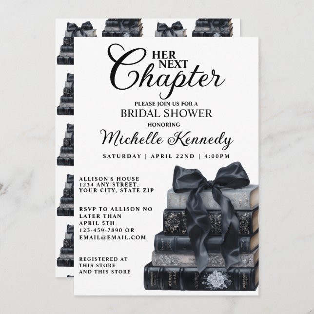 Convite Elegant Black & White Book Themed Bridal Shower  (Frente/Verso)