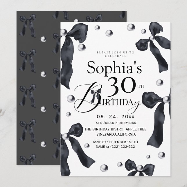 Convite Elegant Black & White Bow Birthday   (Frente/Verso)