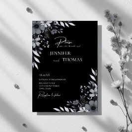 Convite Elegant Black & White Floral Hand-Drawn Wedding
