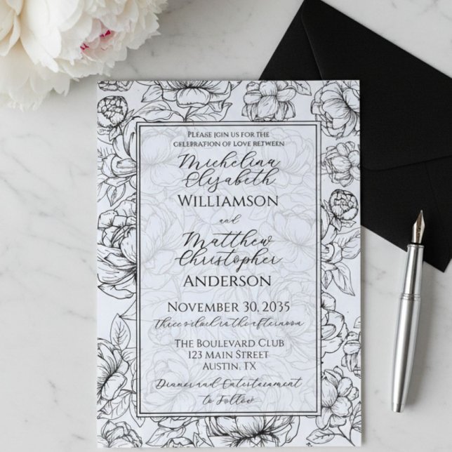 Convite Elegant Black White Hand-Drawn Floral Wedding  (Criador carregado)