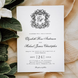 Convite Elegant Black White Monogram Crest Wedding