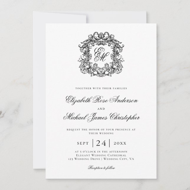 Convite Elegant Black White Monogram Crest Wedding (Frente)