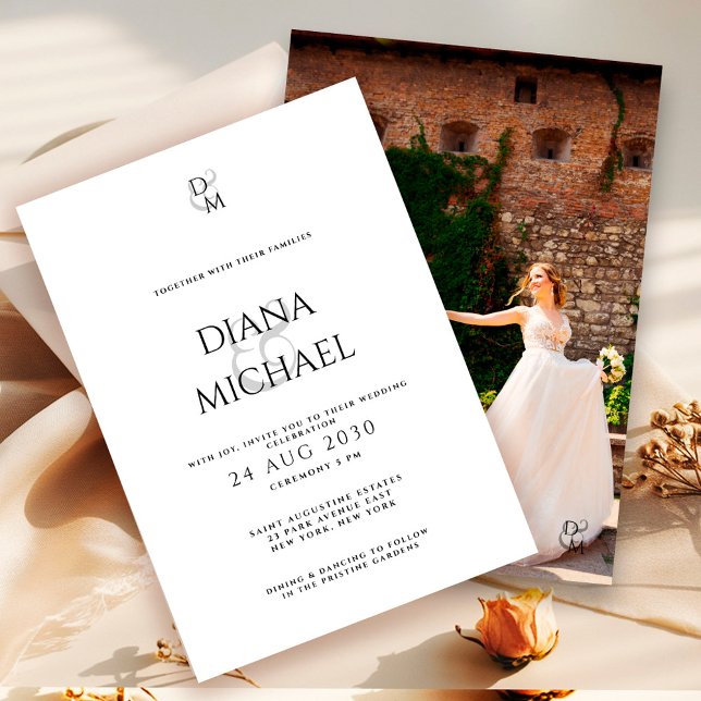 Convite Elegant Black&White Monogram Wedding Photo  (Criador carregado)