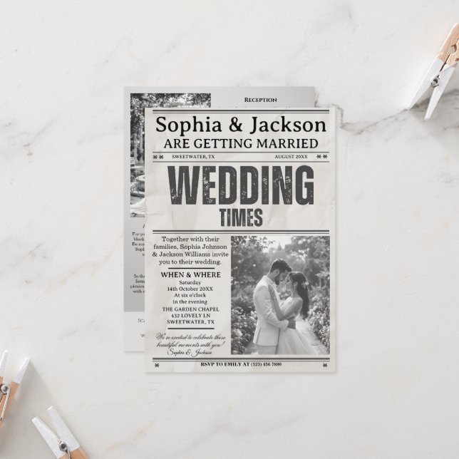 Convite Elegant Black & White Photos Wedding Newspaper     (Frente/Verso In Situ)