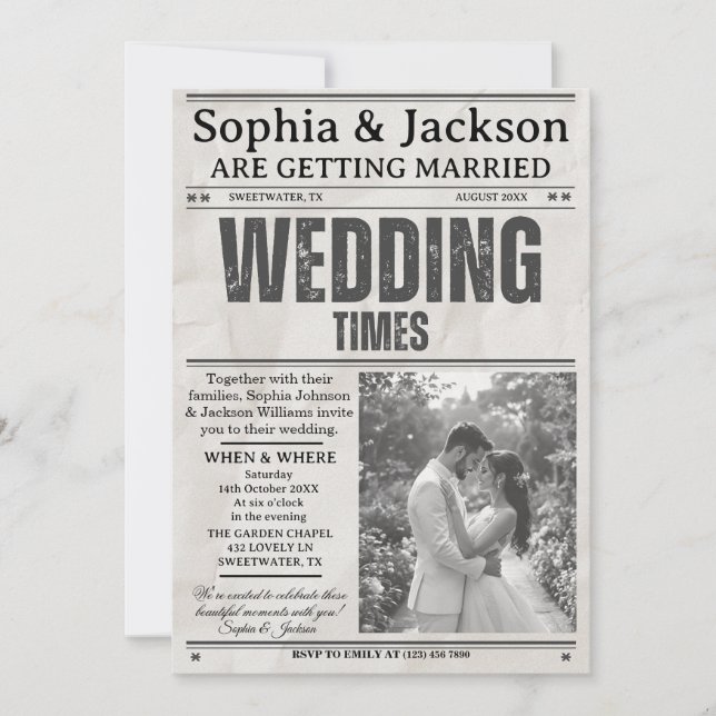 Convite Elegant Black & White Photos Wedding Newspaper     (Frente)