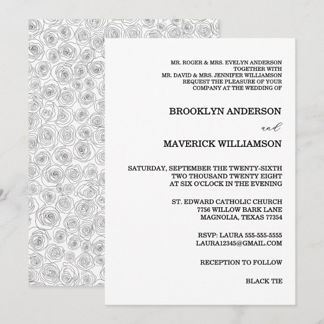 Convite Elegant Black & White Rose Wedding Invitation (Frente/Verso)