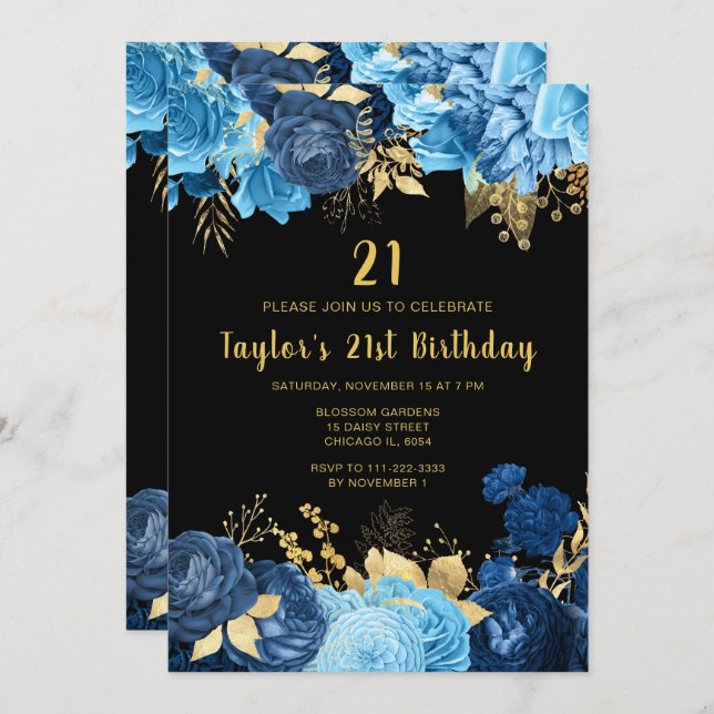 Convite Elegant Blue and Gold Flowers Birthday Party (Frente/Verso)