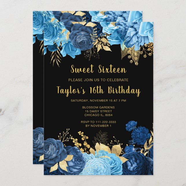 Convite Elegant Blue and Gold Flowers Sweet Sixteen (Frente/Verso)
