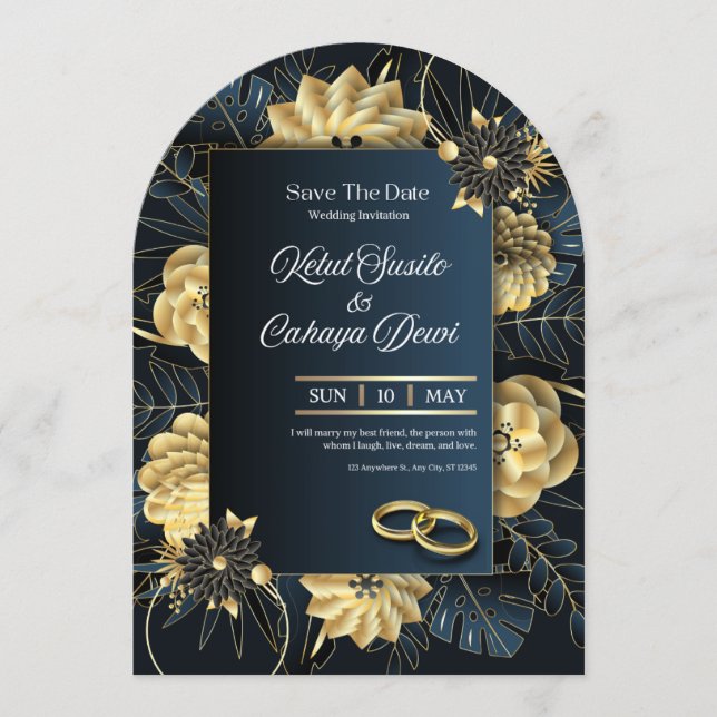 Convite Elegant Blue and Gold Luxury Wedding Invitation (Frente)