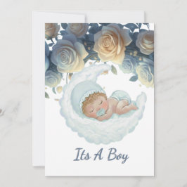 Convite Elegant blue and gold roses baby boy shower