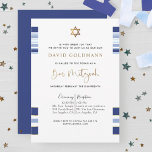Convite Elegant Blue and Gold Striped Tallit Bar Mitzvah I<br><div class="desc">Invite friends and family with this elegant Bar Mitzvah invitation with blue, pale blue, white and gold striped tallit design! Ability to add your ceremony and reception, luncheon, dinner or party details! Gold stripes, Bar Mitzvah phrase and star of David in faux gold foil. Modern hand written calligraphy details. Stylish...</div>