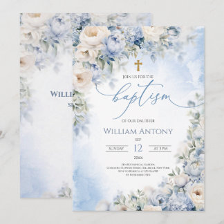Convite Elegant Blue and Ivory Floral Boy Baptism Christen