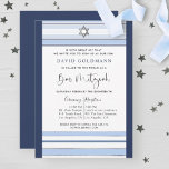 Convite Elegant Blue and White Striped Tallit Bar Mitzvah<br><div class="desc">Invite friends and family with this elegant Bar Mitzvah invitation with blue and white striped tallit design! Invite with stripes in pale blue, silver white and navy blue tones. Ability to add your ceremony and reception, luncheon, dinner or party details! Watercolor celestial map with constellations on the bottom border. Silver...</div>