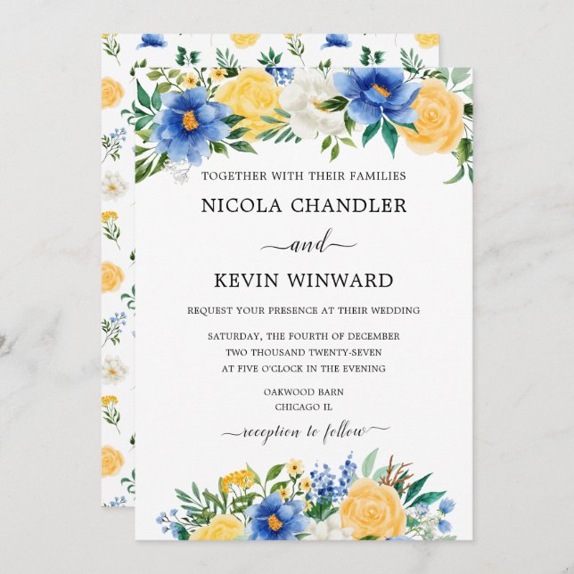 Convite Elegant Blue and Yellow Floral Wedding (Frente/Verso)