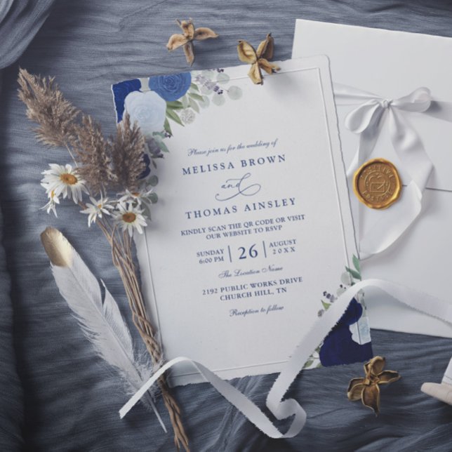Convite Elegant Blue Boho Roses Modern QR Code Wedding (Criador carregado)