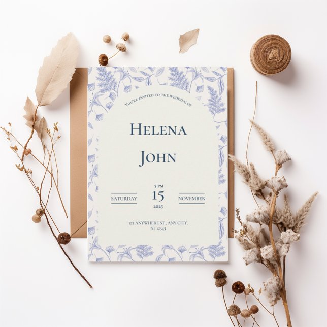 Convite Elegant Blue Botanical Wedding Invitation (Criador carregado)