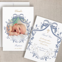 elegant blue bow Baptism small thank you card