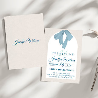 Convite Elegant Blue Bow Twenty-One Birthday