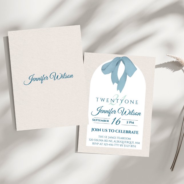 Convite Elegant Blue Bow Twenty-One Birthday (Criador carregado)