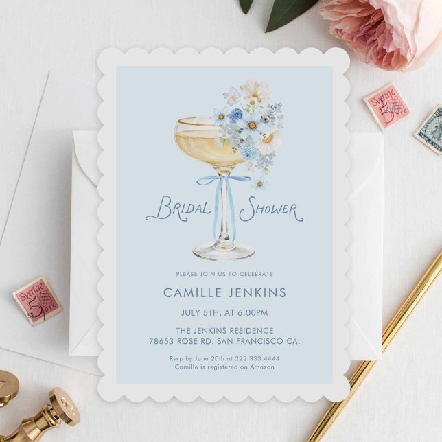 Convite Elegant Blue Champagne Brunch Garden Bridal Shower (Blue Bubbly Bridal Shower Invitation)