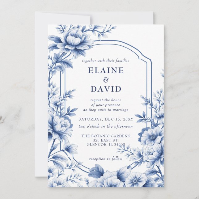 Convite Elegant Blue Chinoiserie Floral Botanical Wedding (Frente)