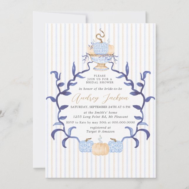 Convite Elegant Blue Chinoiserie Pumpkin Bridal Shower (Frente)