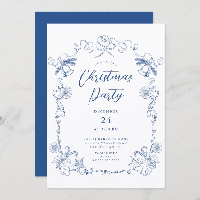 Convite Elegant Blue Christmas Party Invitation (Frente/Verso)