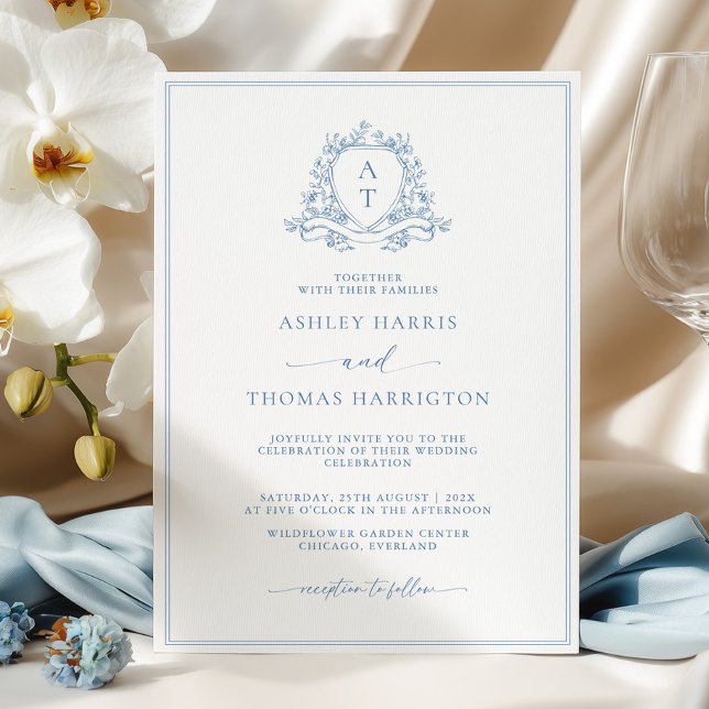 Convite Elegant Blue Crest Monogram Wedding Invitation (Criador carregado)