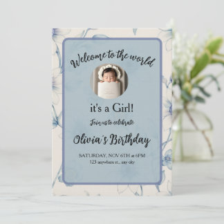 Convite Elegant blue floral baby announcement