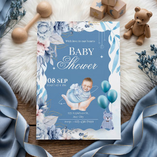 Convite Elegant Blue Floral Baby Boy Welcome
