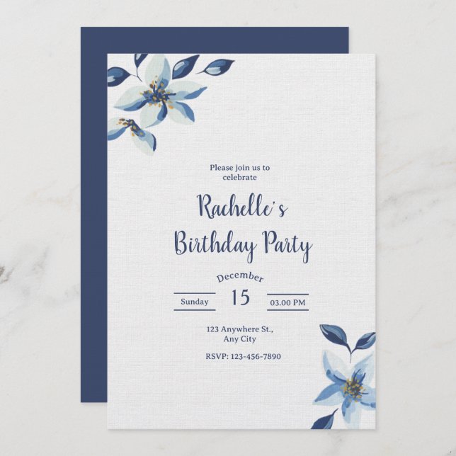 Convite Elegant Blue Floral Birthday Invite, Boho Birthday (Frente/Verso)