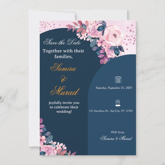 Convite Elegant Blue Floral Boho Wedding Invitation  (Frente)