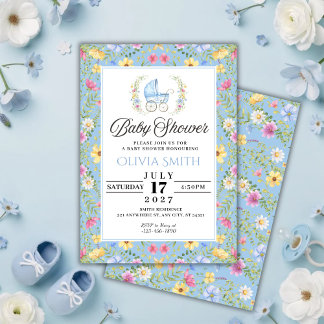 Convite Elegant Blue Floral boy Baby Shower