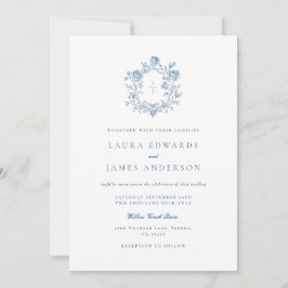 Convite Elegant Blue Floral Crest Striped Back Wedding