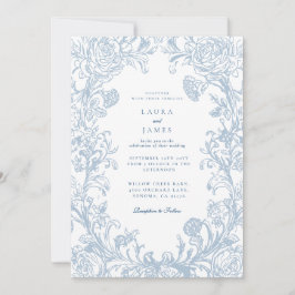 Convite Elegant Blue Floral Crest Striped Back Wedding